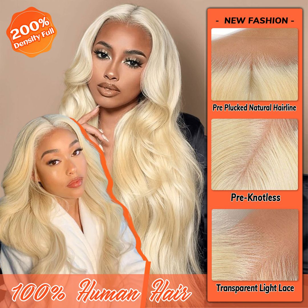 613 Raw Human Hair 200% Density Body Wave Blonde Lace Front Wigs Transparent Lace Pre Plucked Blonde Wig
