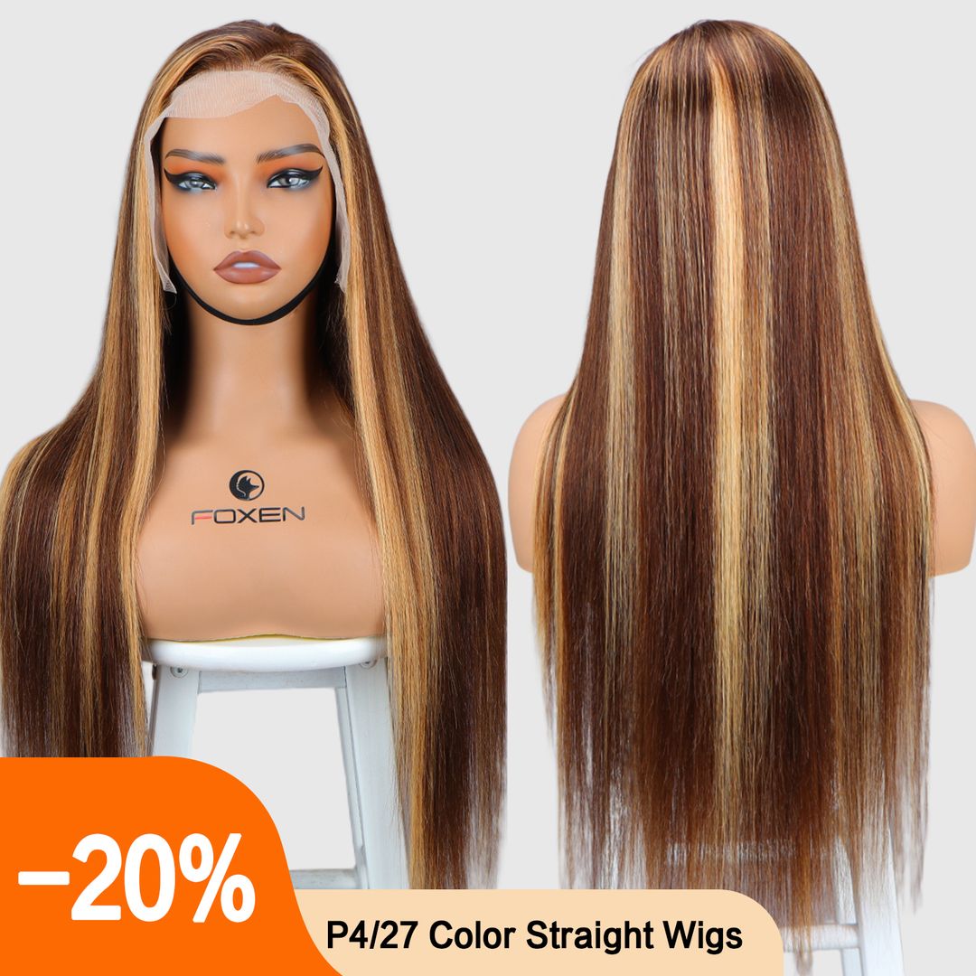 Foxen Highlight Ombre Straight Lace Front Wigs Human Hair P4/27 Colored Transparent Lace Frontal Wigs