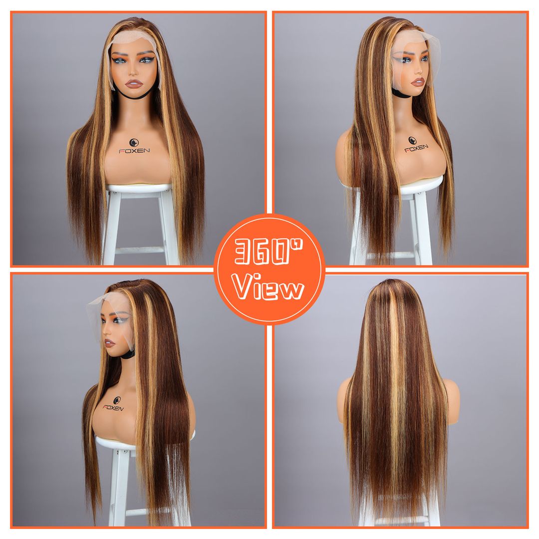 Luxury Foxen Human Wigs Highlight Ombre P4/27 Straight Lace Front Wigs 13*4/13*5/13*6 Lace Frontal Wig