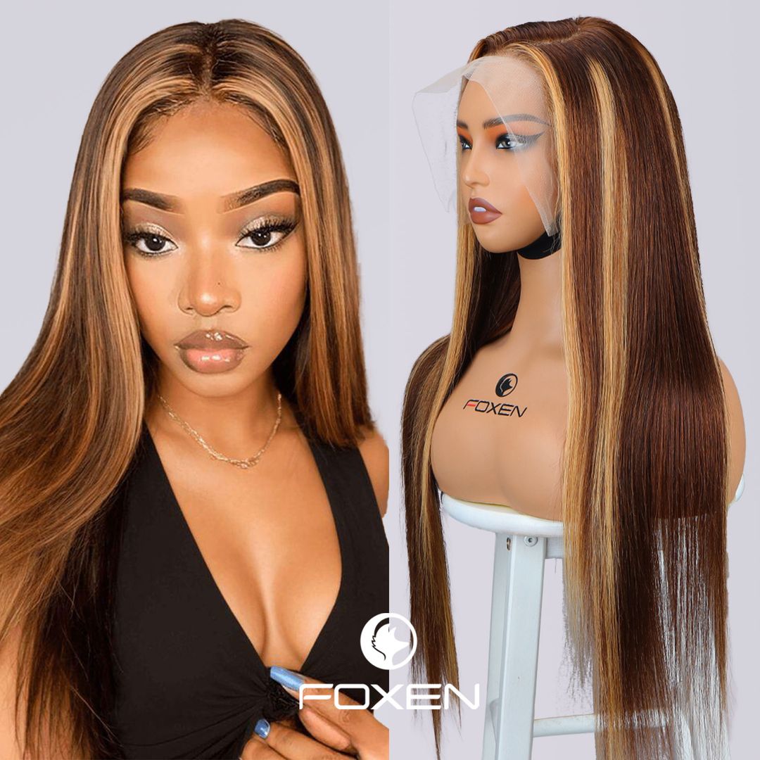 Luxury Foxen Human Wigs Highlight Ombre P4/27 Straight Lace Front Wigs 13*4/13*5/13*6 Lace Frontal Wig