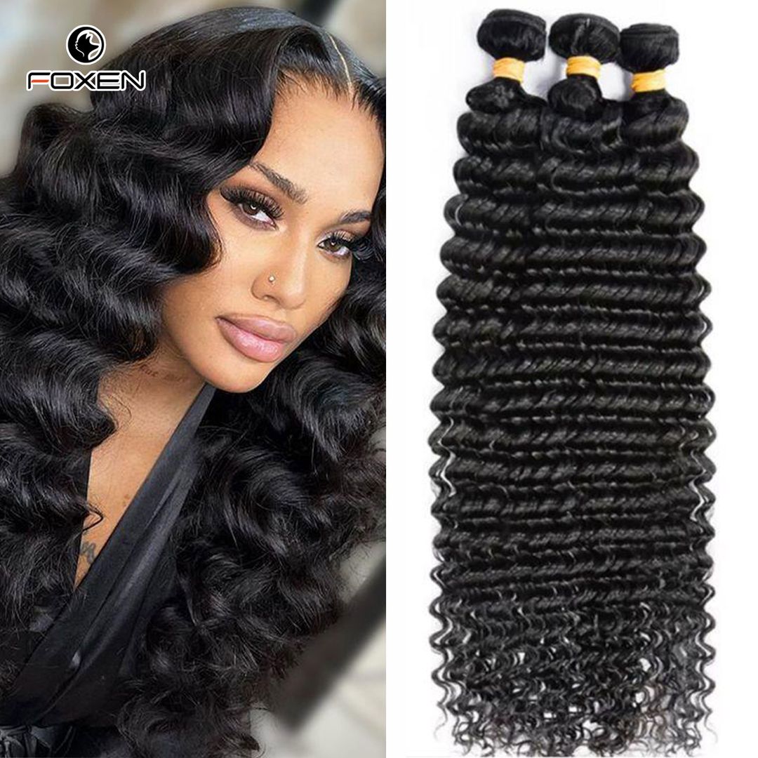 Foxen Deep Wave 3 Bundles Double Weft Raw Human Hair Bundles 12A Human Hair Extensions