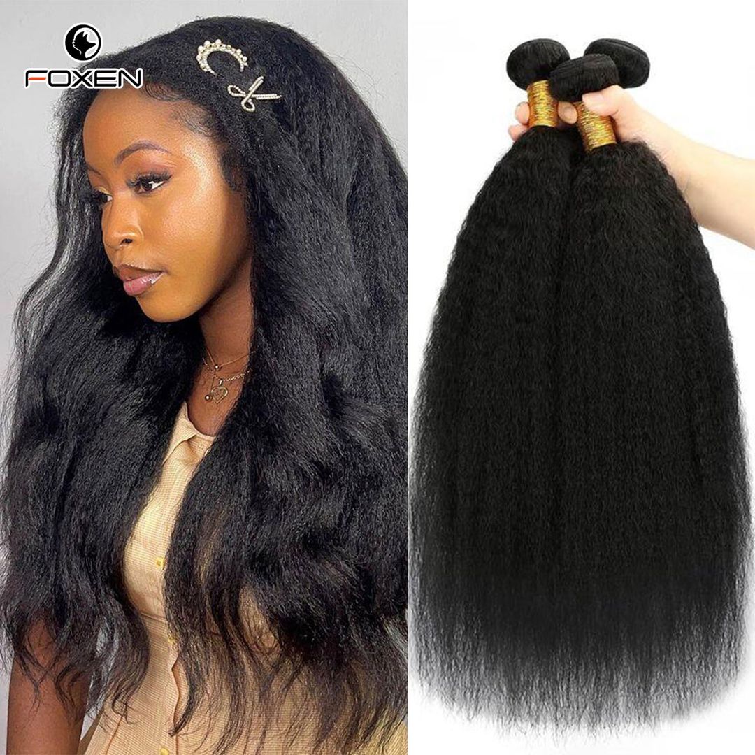 Foxen Human Hair Kinky Straight Bundles 3 Bundles Natural Black Raw Human Hair for Black Women