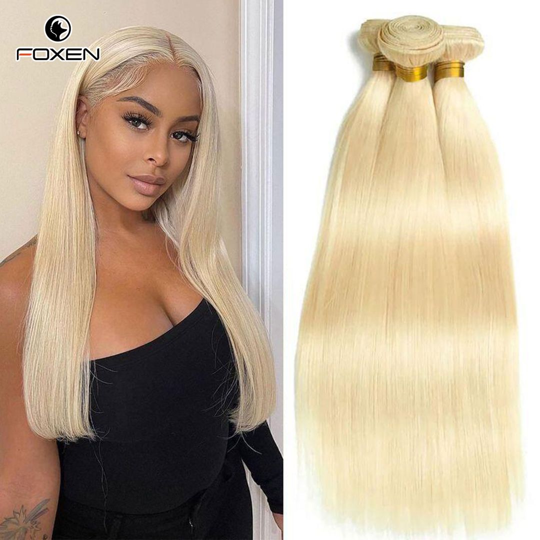 Foxen 613 Blonde Human Hair 3 Bundles Straight Hair Bundles Hair Extensions Weave