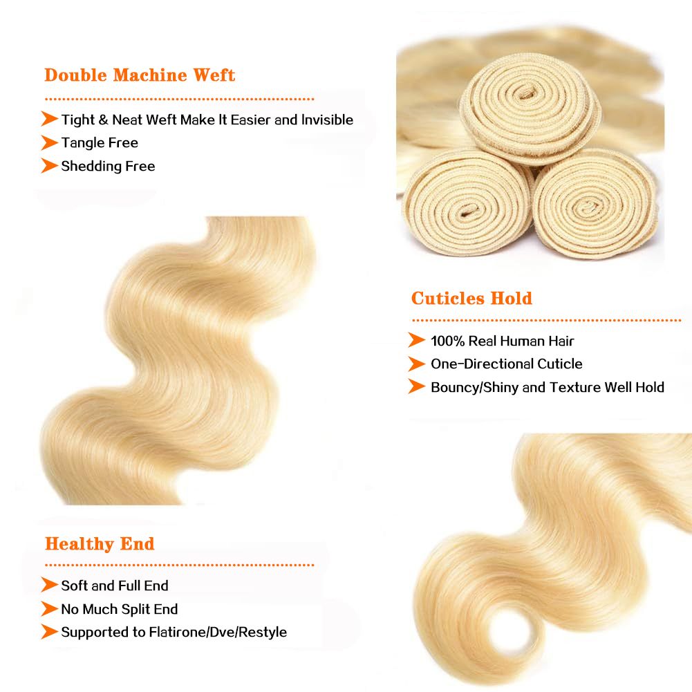 Foxen Raw Human Fundles Bundles Body Wave 613＃金发束突出显示彩色3束头发