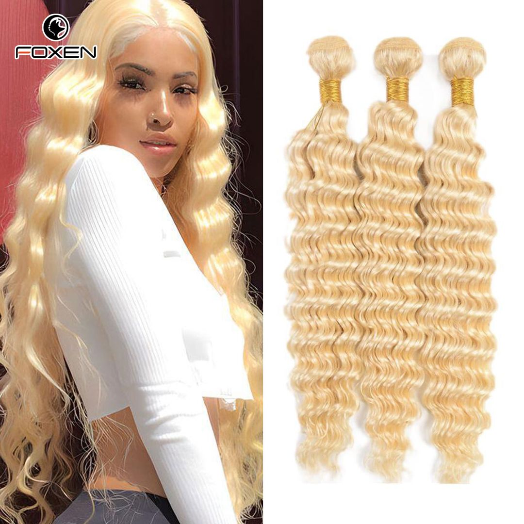 Foxen 613 Deep Wave Human Hair Bundles Blonde 3 Bundles virgin Hair Extensions