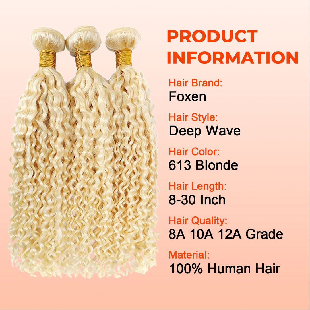 Foxen 613 Deep Wave Human Hair Bundles Blonde 3 Bundles virgin Hair Extensions