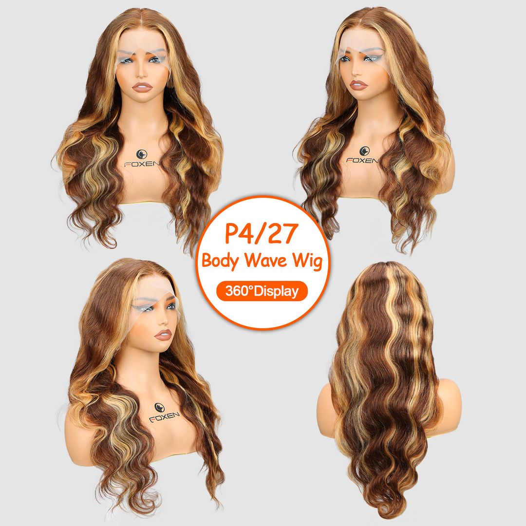 Foxen Human Hair Body Wave Lace Front Wigs P4/27 Honey Blonde Frontal Wigs