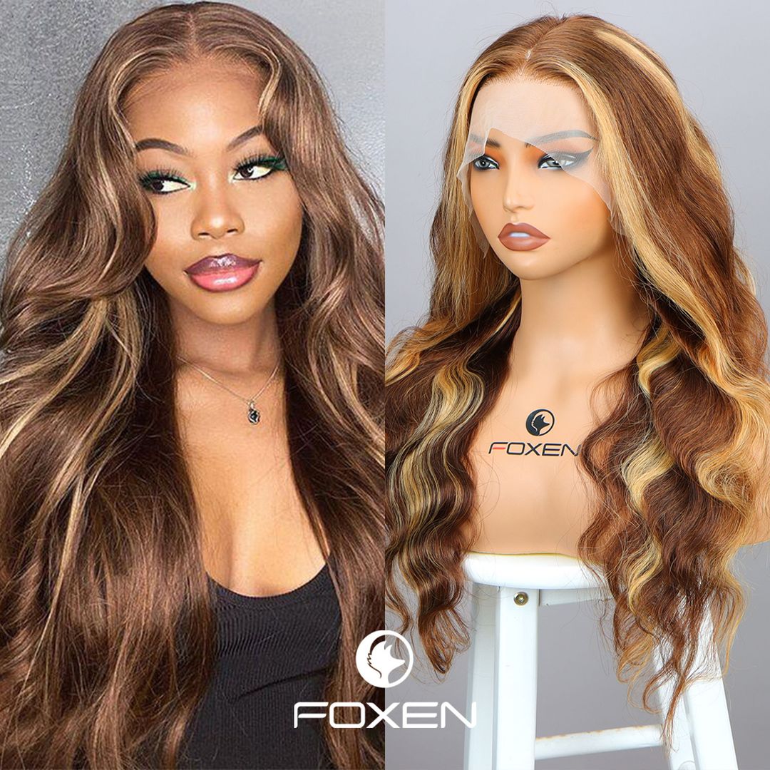 Foxen Human Hair Body Wave Lace Front Wigs P4/27 Honey Blonde Frontal Wigs