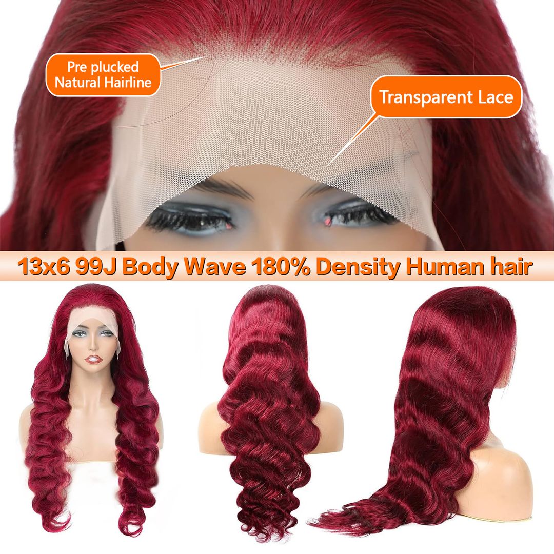 Foxen 99J Wine Red Human Hair Wig 13*6 Lace Frontal Wigs Burgundy Body Wave Wigs