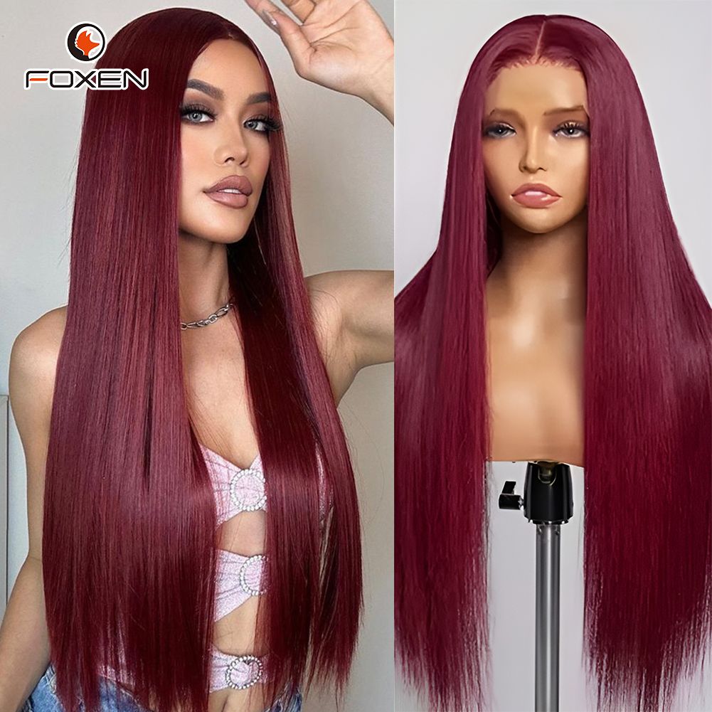 Foxen Human Hair 99j Red Straight Wigs 13*5 Transparent Lace Frontal Wigs