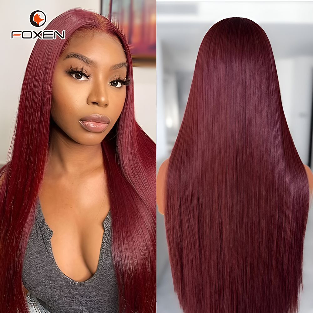 Foxen 99j Wine Straight 13*4 Lace Front Wigs 100% Human Hair Wigs for Black Women