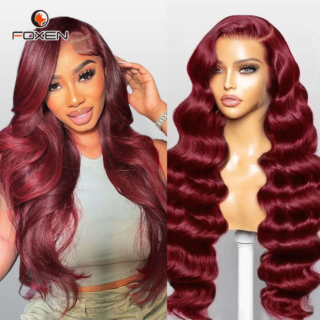 Foxen 99J Wine Red Human Hair Wig 13*6 Lace Frontal Wigs Burgundy Body Wave Wigs