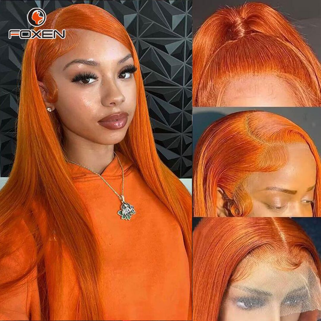Foxen Human Hair 350# Ginger Color Straight Wig 13x6 Transparent Lace Frontal Wig