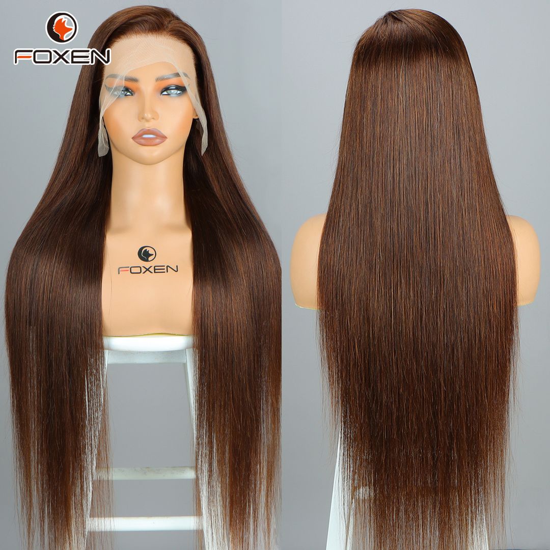 Foxen 4# Brown Human Hair Wig 13*4 Transparent Lace Frontal Wigs Chocolate Brown Straight Wig
