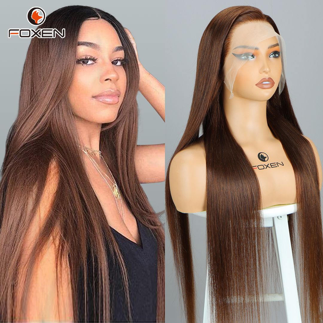 Foxen 13*5 Transparent Lace Front Straight Wig 4# Brown Human Hair Wigs for Free Parting Hairstyle