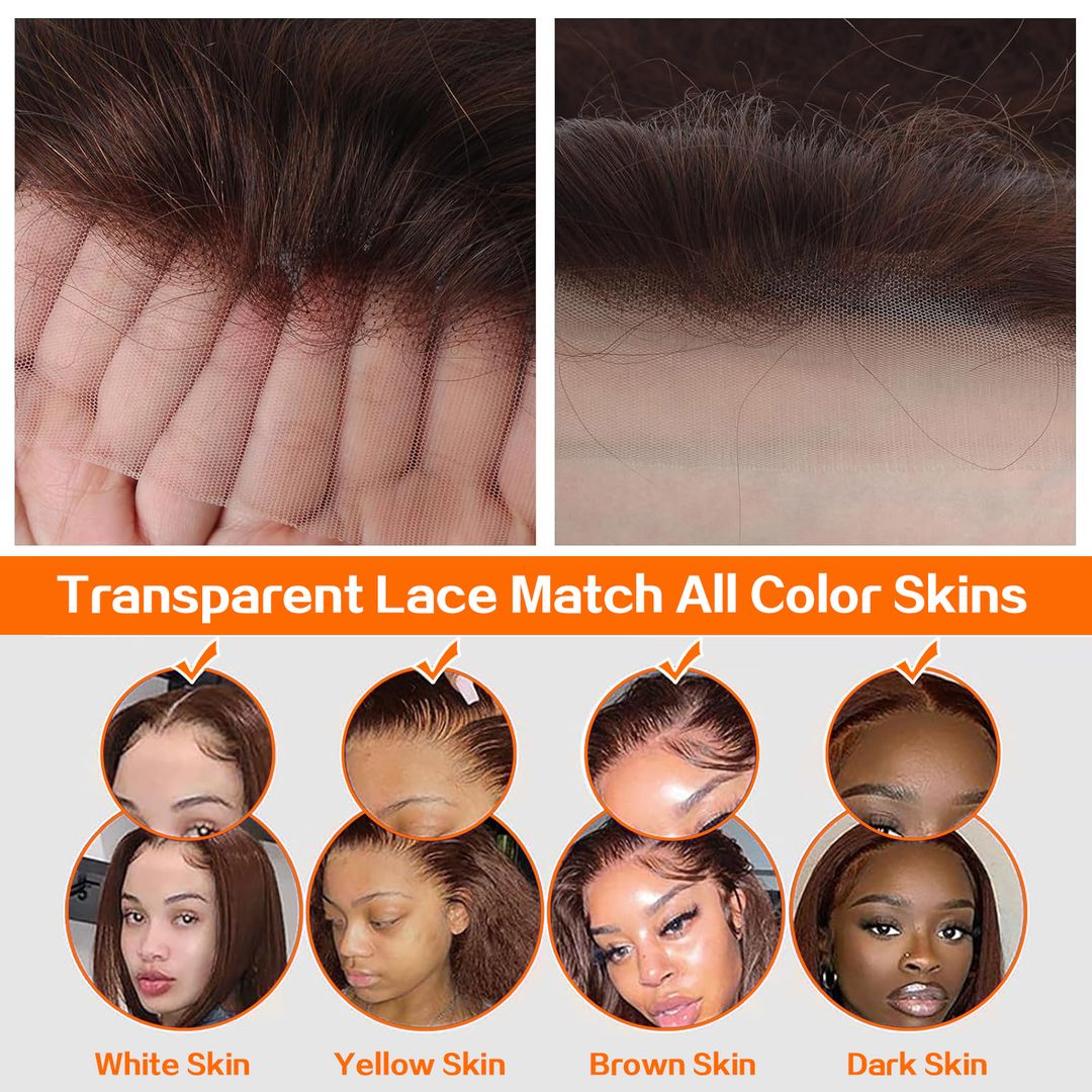 Foxen 4# Brown Human Hair Wig 13*4 Transparent Lace Frontal Wigs Chocolate Brown Straight Wig
