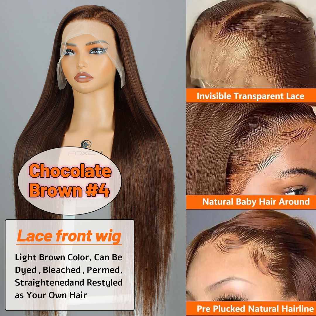 Foxen 13*5 Transparent Lace Front Straight Wig 4# Brown Human Hair Wigs for Free Parting Hairstyle