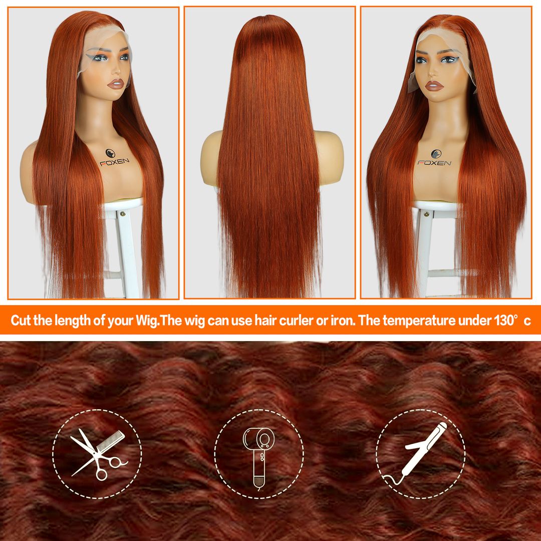Foxen Hot Selling Red Brownish Straight Human Hair Wigs 13*6 Copper Lace Front Wigs