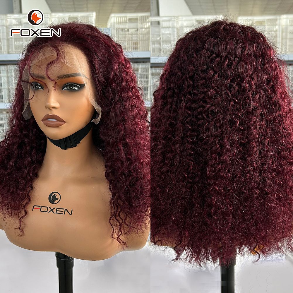 Foxen卷发99J Pixie Curly Curly Virgin Hair假发13x5蕾丝前假发与预插的发际线