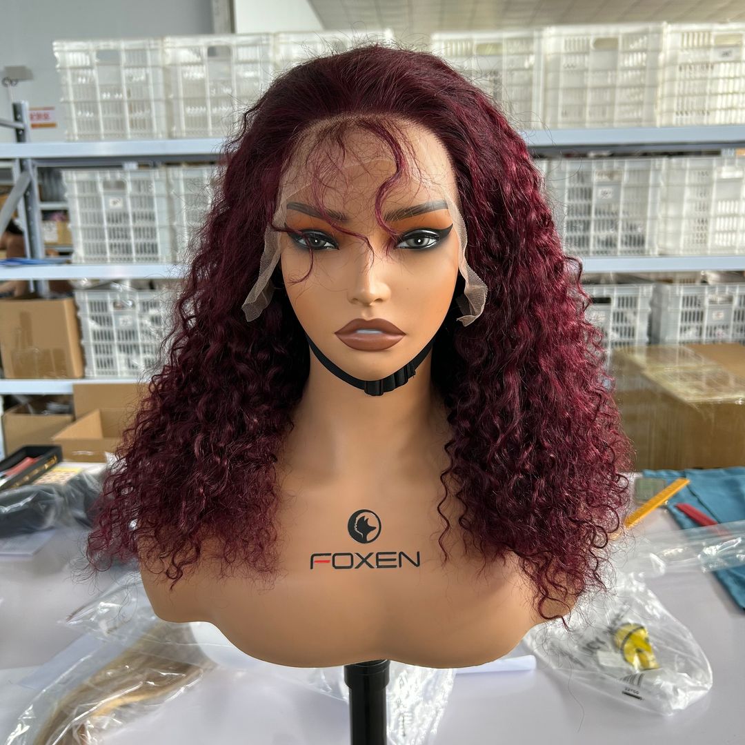 Foxen卷发99J Pixie Curly Curly Virgin Hair假发13x5蕾丝前假发与预插的发际线