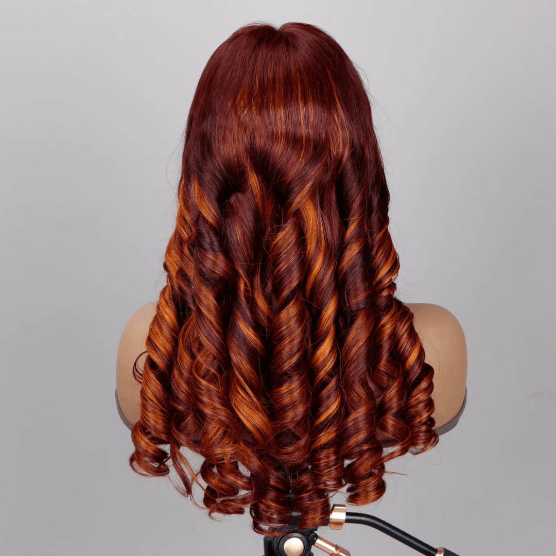 Foxen Fashion Curly Hair Wigs 13*5 Lace Front 99j# Wine Red Gradient Orange Loose Wave Wigs
