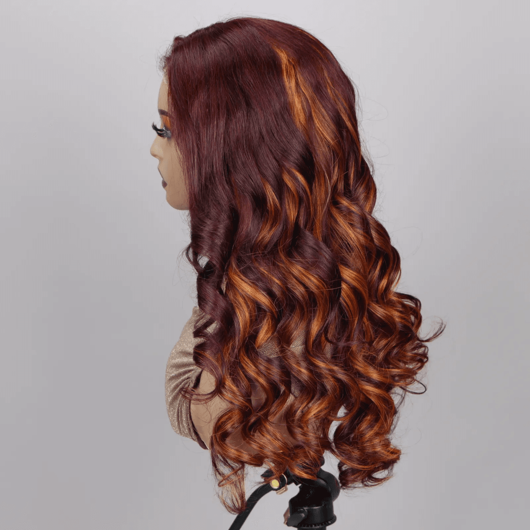 Foxen Fashion Curly Hair Wigs 13*5 Lace Front 99j# Wine Red Gradient Orange Loose Wave Wigs