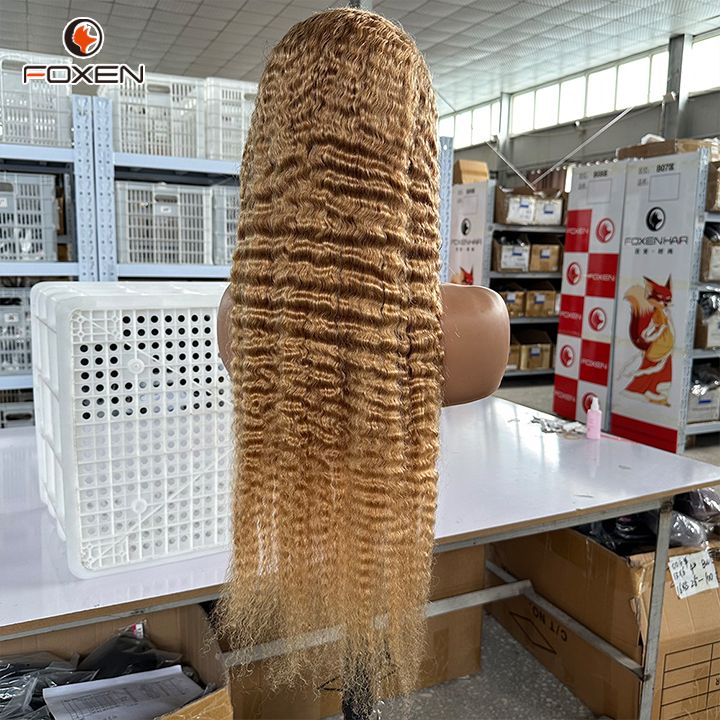 Fxoen 27# Dark Honey Brown Human Hair Wig Burmese Curly 13x6 Lace 180% Density
