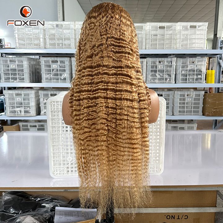 Fxoen 27# Dark Honey Brown Human Hair Wig Burmese Curly 13x6 Lace 180% Density