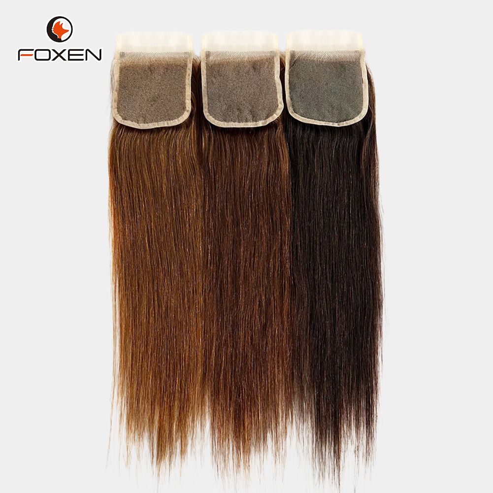 Foxen Factory Brown Human Hair Hair 4*4蕾丝闭合接发编织