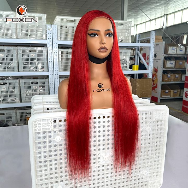 Foxen Factory Custom 13*4 Lace Front Bug# Red Straight Hair Wigs for Party Cosplay
