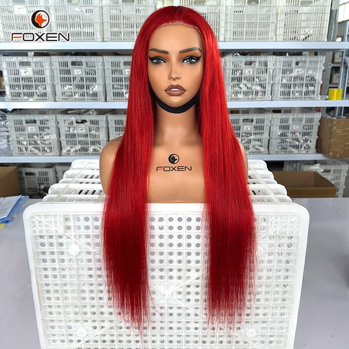 Foxen Factory Custom 13*4 Lace Front Bug# Red Straight Hair Wigs for Party Cosplay
