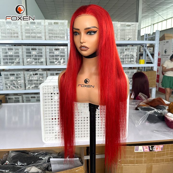 Wholesale Custom Bug Red Straight Human Hair Wigs Pre-cut 13*6 Lace Front Hair Wigs
