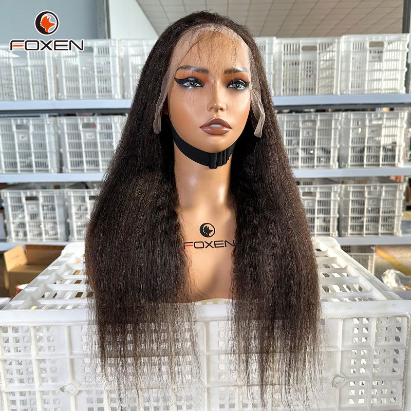 Foxen Vendor Kinky Straight Human Hair Wig​ 13*4 Lace Front Dark Brown Hair Wigs