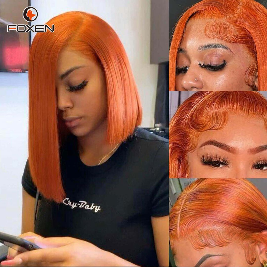 Foxen 350# Ginger Human Hair Bob Wigs 13x4 Lace Frontal Bob Straight Wigs