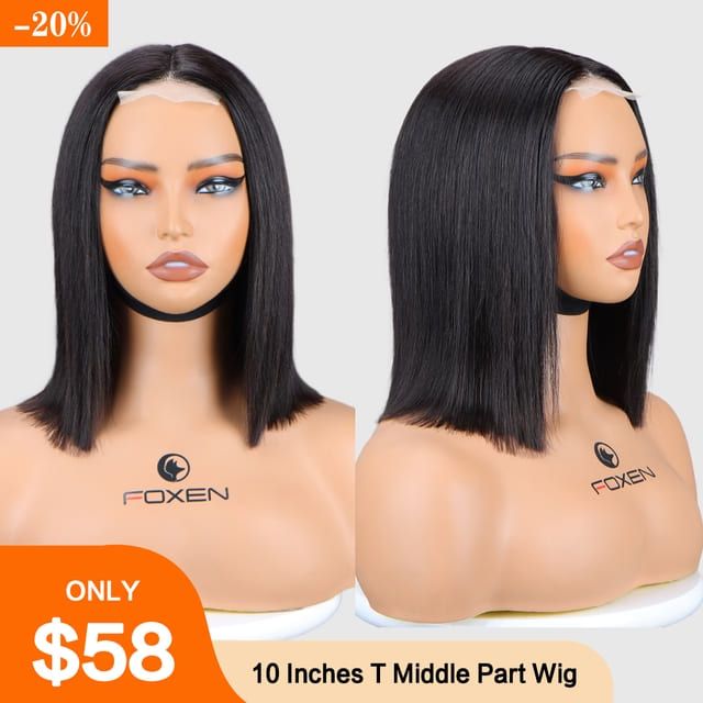 Foxen Human Hair Bob Wig 10 Inches T Part Bob Wig Straight Hair Middle Part Natural Color Bob Wig