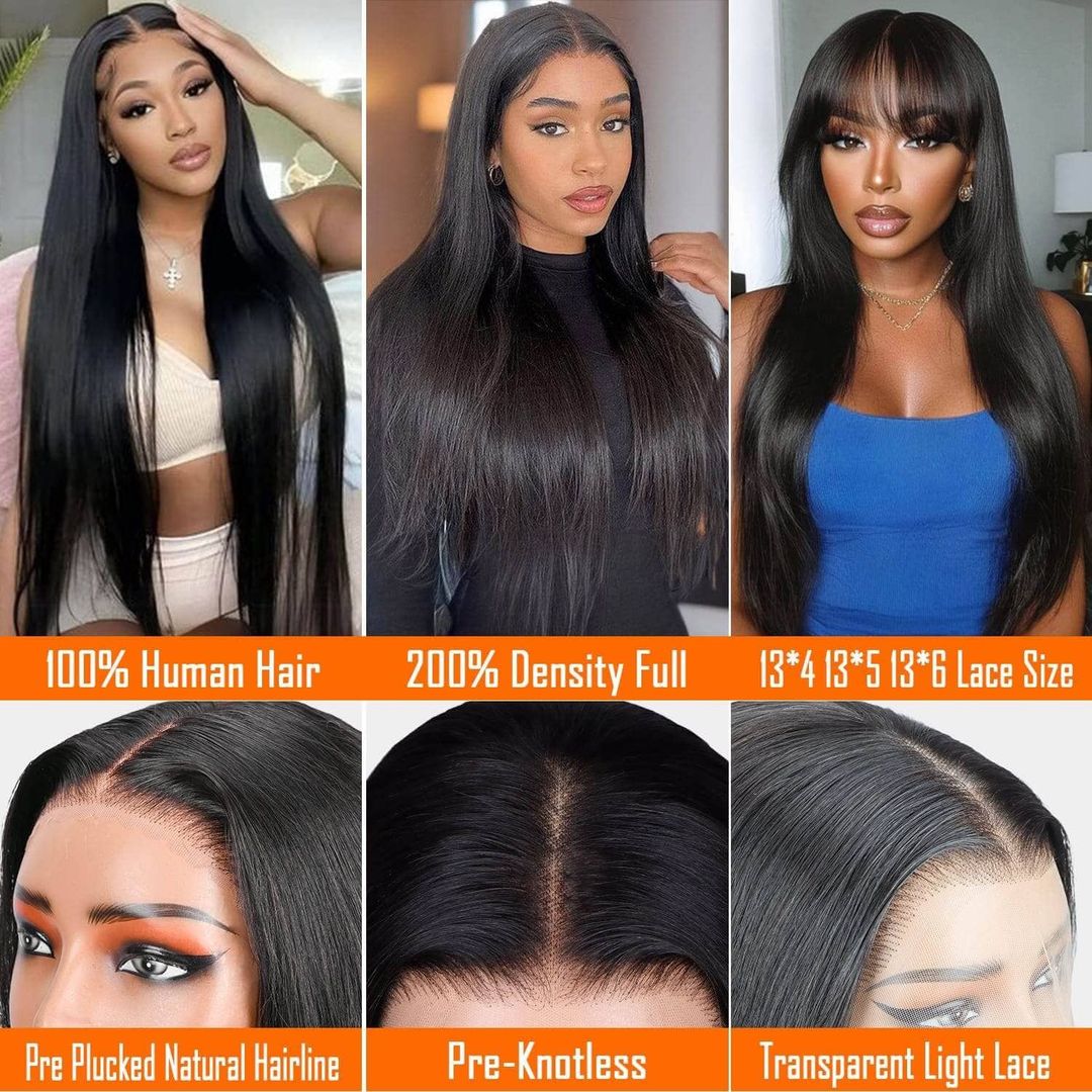 Real Raw Human Hair Straight Wig 13x4 13x5 13x6 Lace Front Wig 200% Density Transparent Lace Pre Plucked Frontal Wig