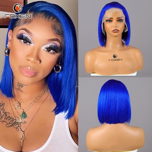 Foxen Hot Blue Straight Bob Wig 13*5 Short Hair Bob Wigs for Summer Daily