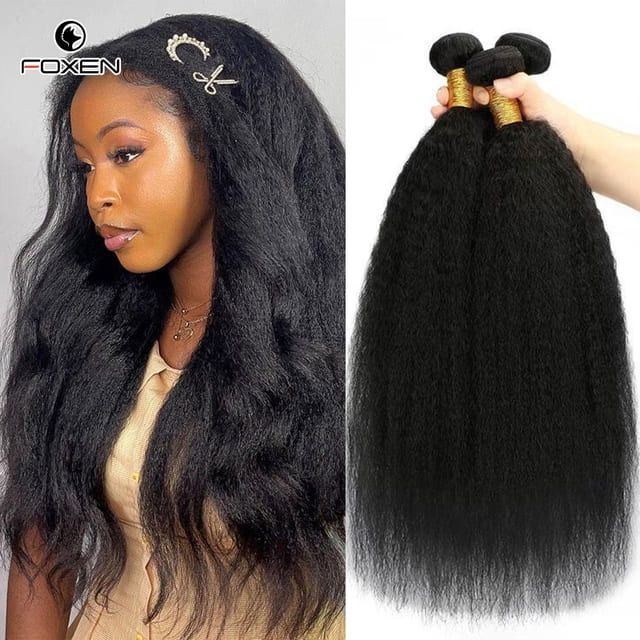 Foxen Human Hair Kinky Straight Bundles 3 Bundles Natural Black Raw Human Hair for Black Women