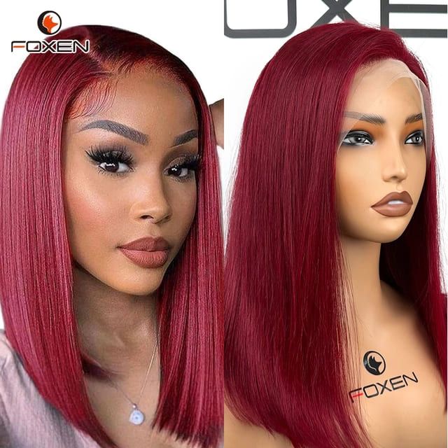 Foxen 99j Burgundy 13*5 Lace Frontal Wigs Human Hair Straight Bob Wigs