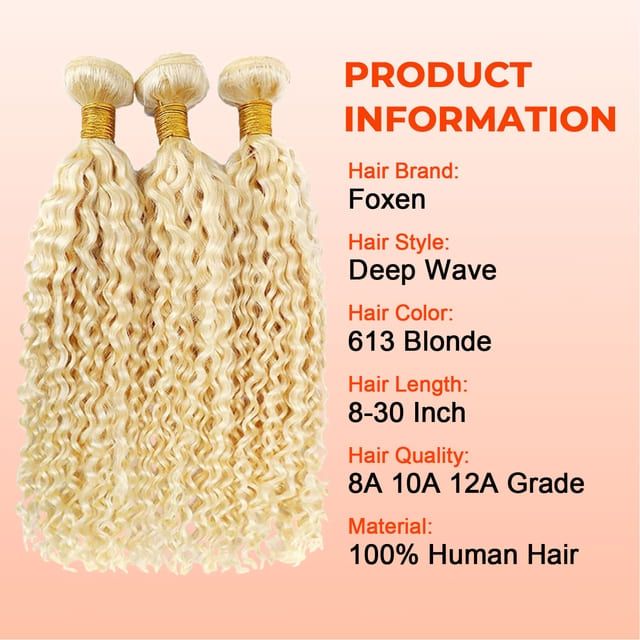 Foxen 613 Deep Wave Human Hair Bundles Blonde 3 Bundles virgin Hair Extensions