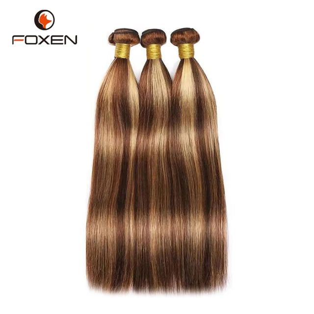 Foxen P4/27 Straight Human Hair Bundles 10A Ombre Highlight 3 Bundles Hair Extensions