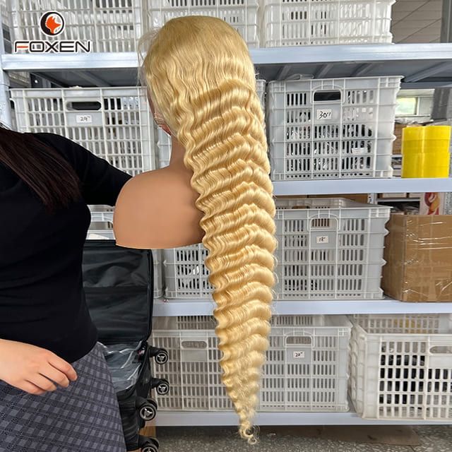Foxen 613# Blonde Color Raw Human Hair 13*6 HD Lace Front 40 Inches Deep Wave Wigs