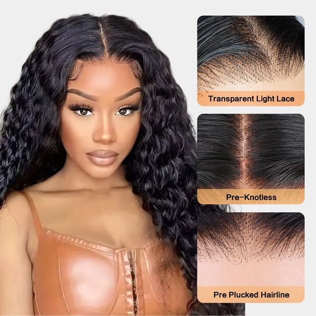 Water Wave Human Hair Wig 13x5 Transparent Lace Front Wigs for Women 200% Density Natural Black Pre-Plucked with Baby Hair