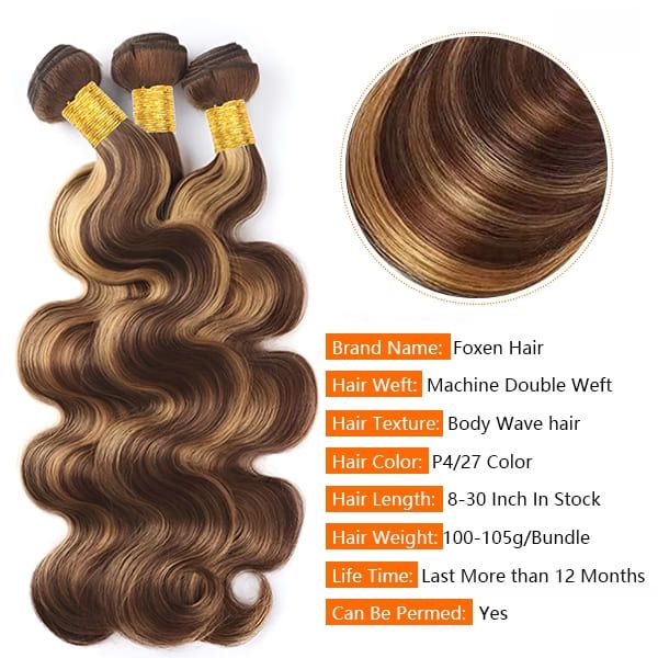 Foxen Human Hair Body Wave Bundles P4/27 Highlight Colored 12A Grade 3 Bundles Hair