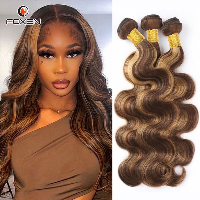 Foxen Human Hair Body Wave Bundles P4/27 Highlight Colored 12A Grade 3 Bundles Hair