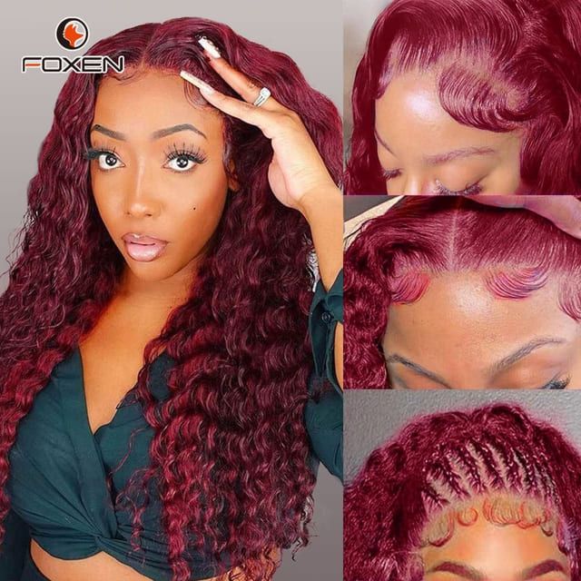 Foxen 13x5 Deep Wave Lace Front Wigs 99j Burgundy Human Hair Curly Wave Wigs