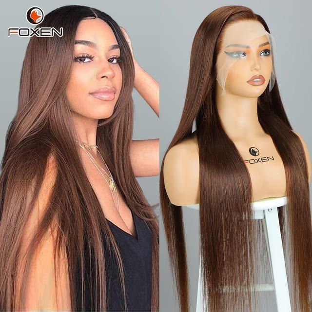 Foxen 13*5 Transparent Lace Front Straight Wig 4# Brown Human Hair Wigs for Free Parting Hairstyle