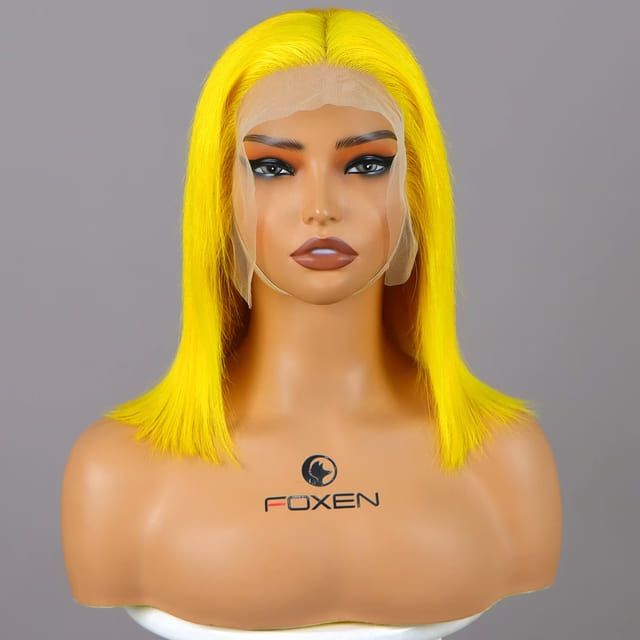 Foxen Short Straight Bob Wig 13*5 Yellow Human Hair Wigs for Fancy Dress Halloween Party