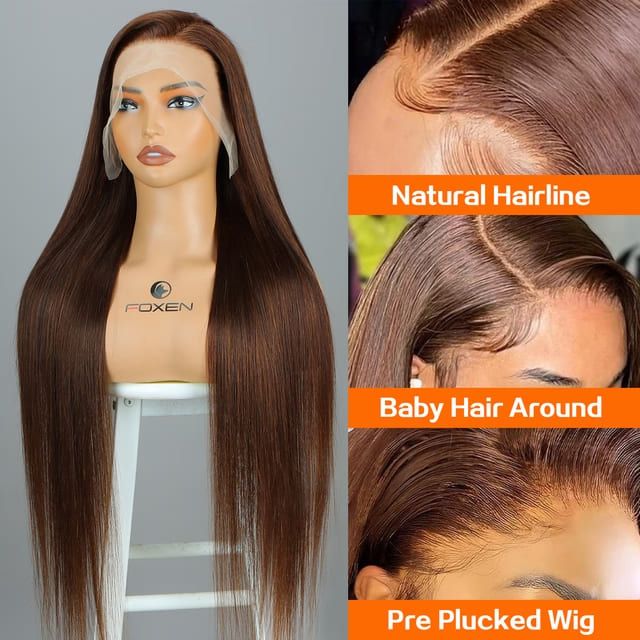 Foxen 13*6 Brown Lace Front Wigs Virgin Human Hair 4# Brown Straight Beginner Wig