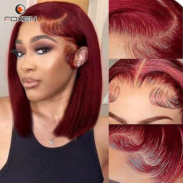 Foxen 99j Red Bob Wig Human Hair 4x4 Lace Closure Wigs Free Shipping